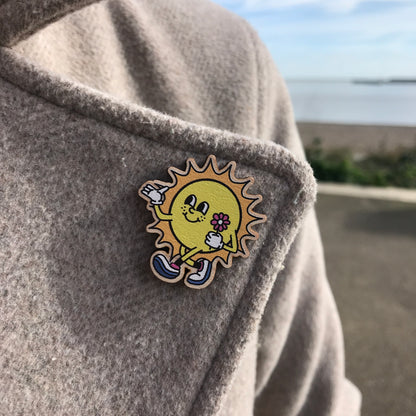 Retro Inspired Walking Sun Wooden Pin