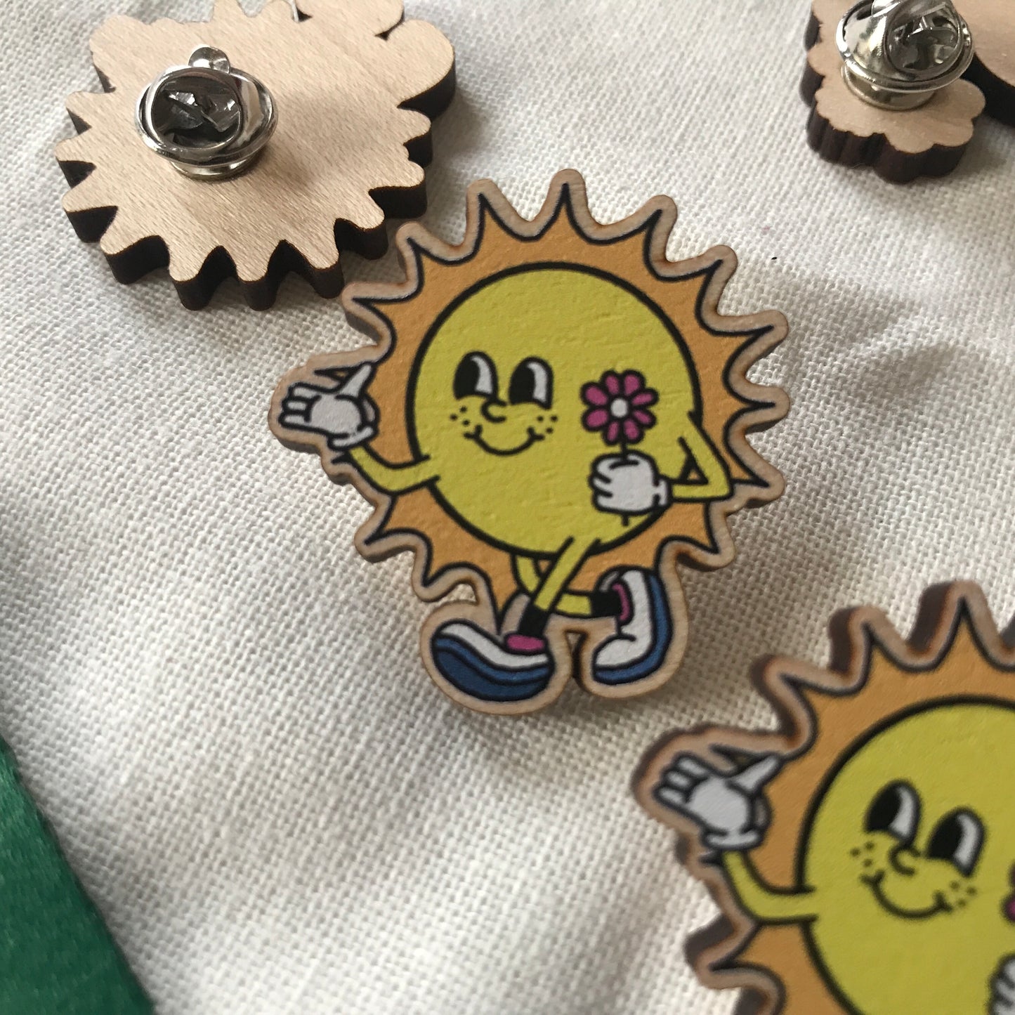 Retro Inspired Walking Sun Wooden Pin