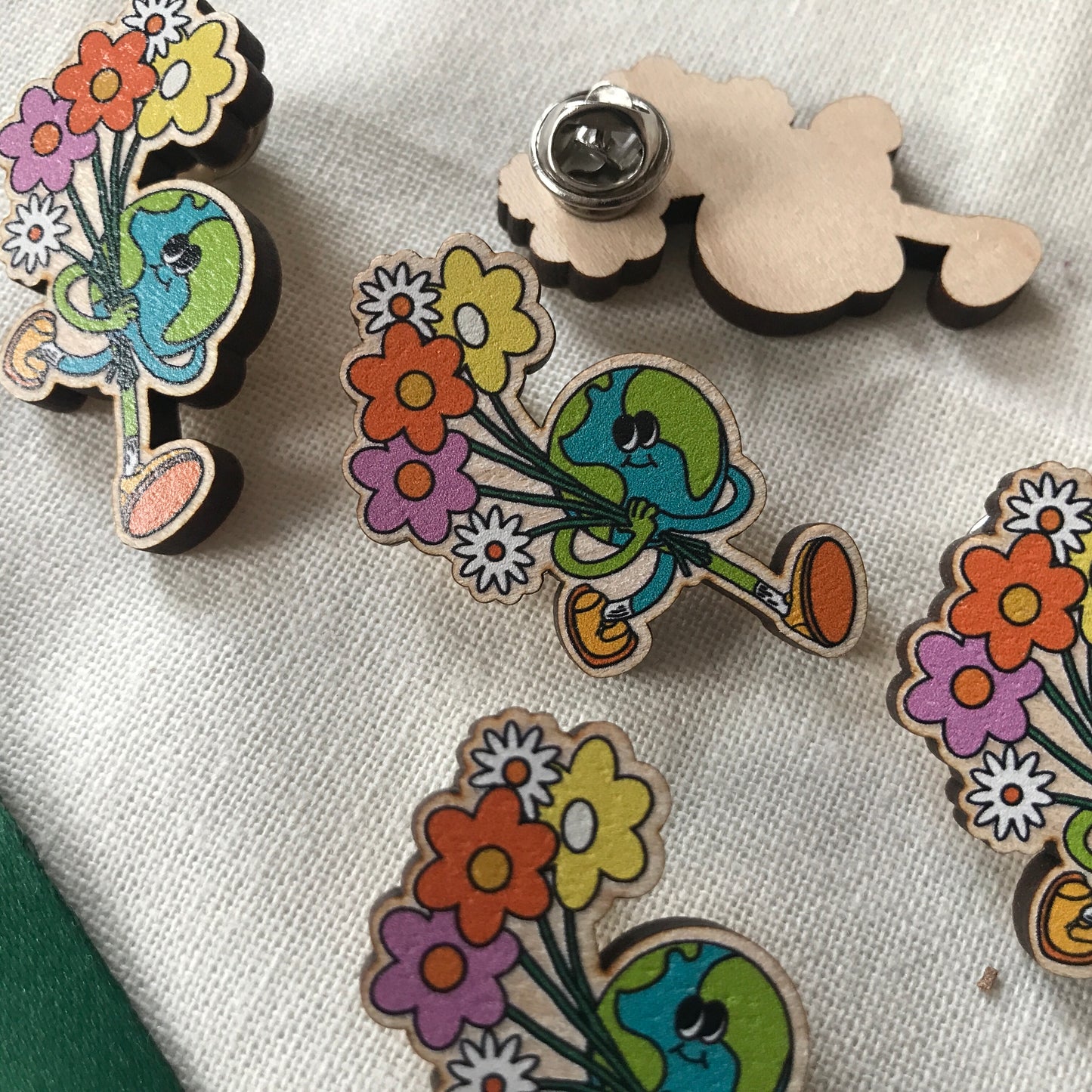 Retro Inspired Happy Earth Wooden Pin