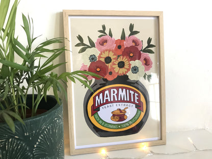 Unique Jars of Flowers - Bouquet of differnt flowers and Marmite - Unframed