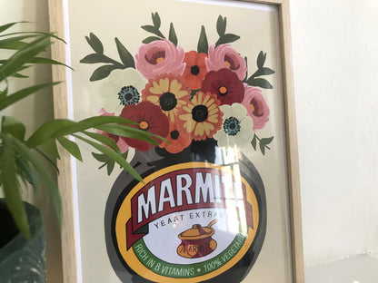 Unique Jars of Flowers - Bouquet of differnt flowers and Marmite - Unframed